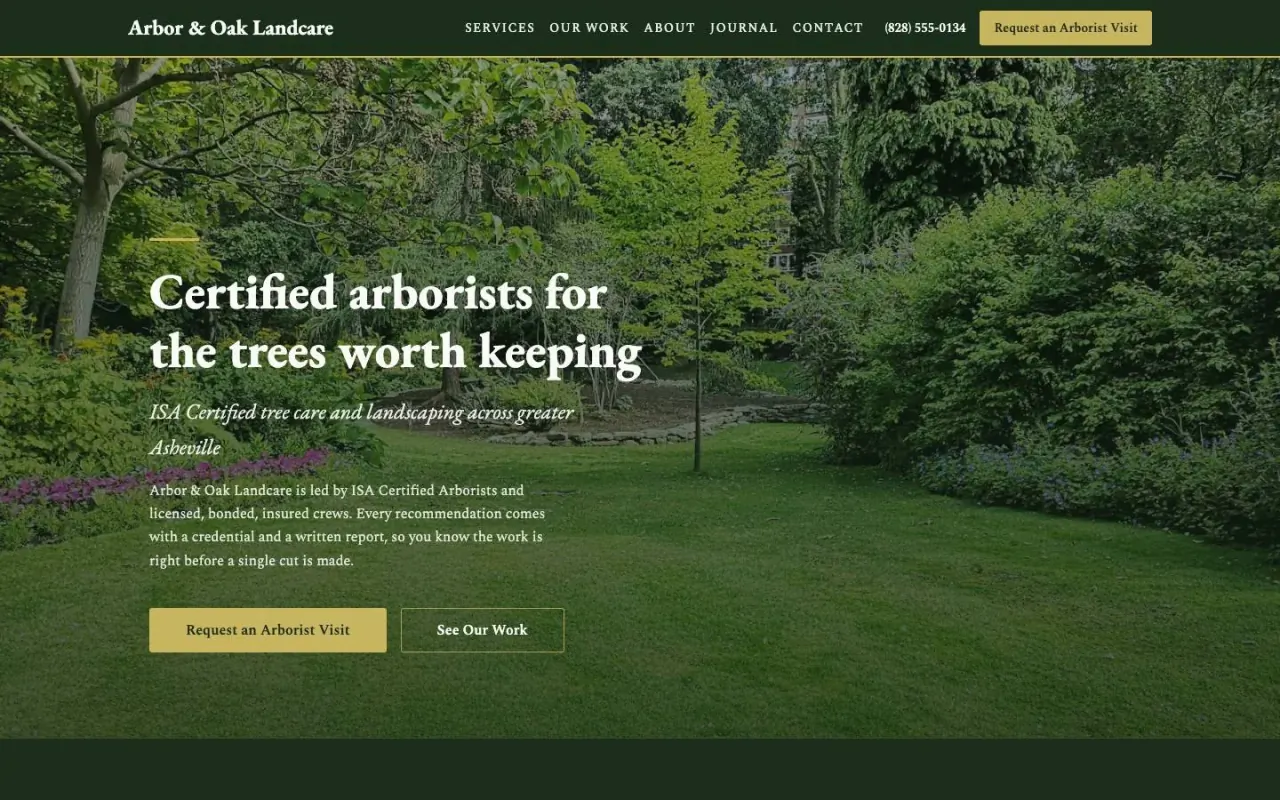 Certified and Credentialed design on a laptop, sample site for Arbor & Oak Landcare