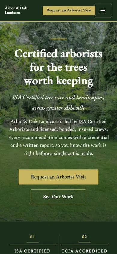 Certified and Credentialed design on a phone, sample site for Arbor & Oak Landcare