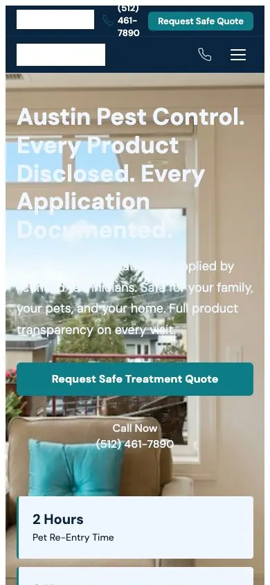 Clinical Clear design on a phone, sample site for ClearShield Pest Control