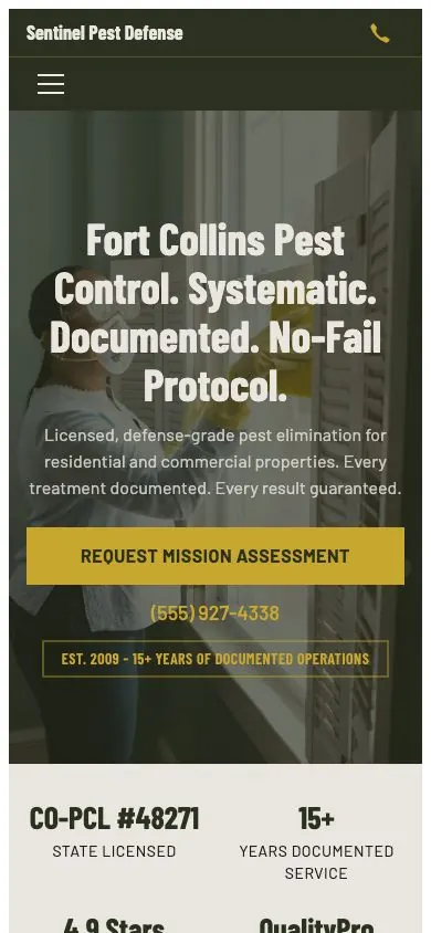 Defense Grade design on a phone, sample site for Sentinel Pest Defense