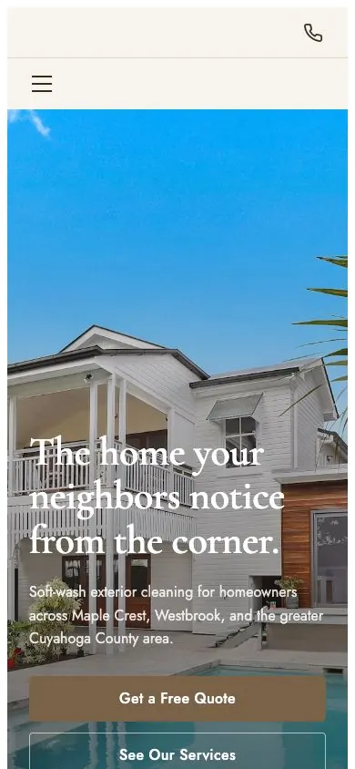 First Impression design on a phone, sample site for Stoneview Exterior Cleaning