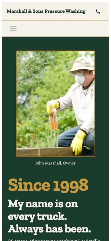 Legacy Trade design on a phone, sample site for Marshall & Sons Pressure Washing