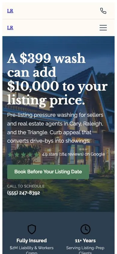 Listing Ready design on a phone, sample site for Listing Ready Exteriors