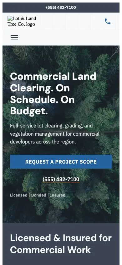 Lot and Land design on a phone, sample site for Lot & Land Tree Co.