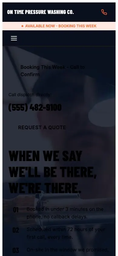 On Call design on a phone, sample site for On Time Pressure Washing Co.