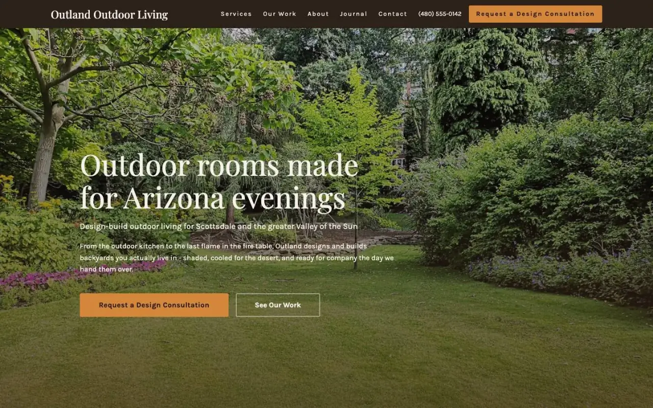 Outdoor Living design on a laptop, sample site for Outland Outdoor Living