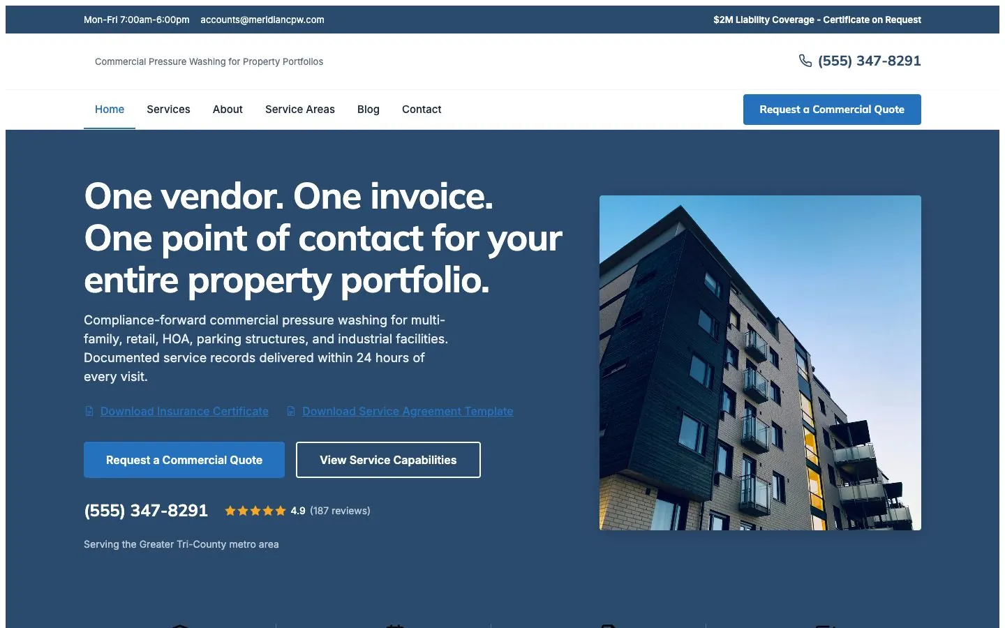 Property Command design on a laptop, sample site for Meridian Commercial Property Wash