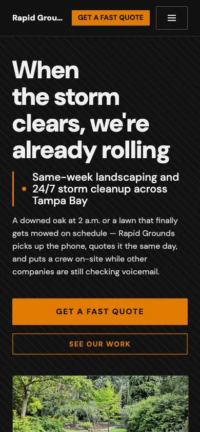 Response First design on a phone, sample site for Rapid Grounds
