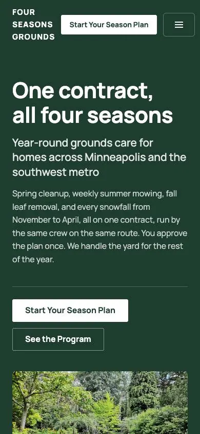 Seasonal Service Machine design on a phone, sample site for Four Seasons Grounds
