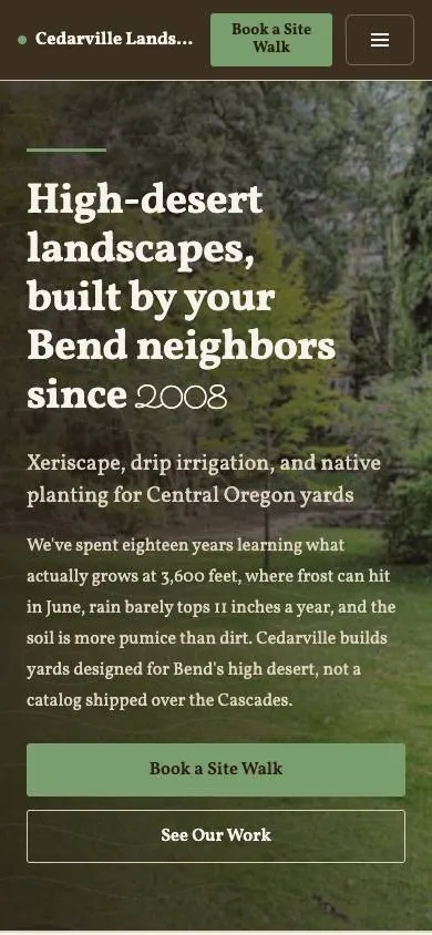 The Local Expert design on a phone, sample site for Cedarville Landscape Co.